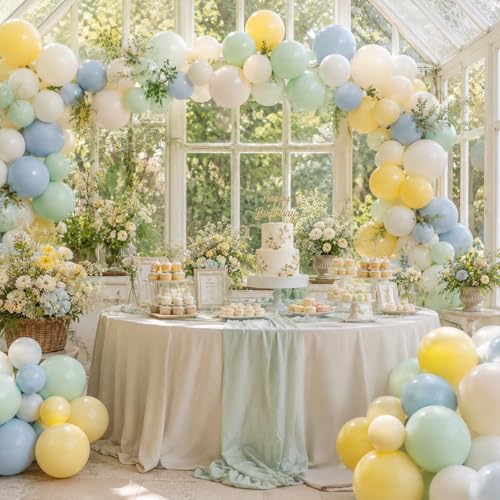 Saxuxu Pastel Green Blue Yellow Balloon Arch Kit – 129-Piece Macaron Texture Bee Theme Party Decorations