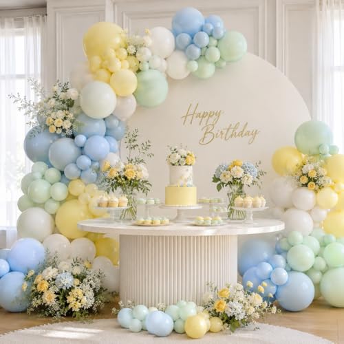 Saxuxu Pastel Green Blue Yellow Balloon Arch Kit – 129-Piece Macaron Texture Bee Theme Party Decorations