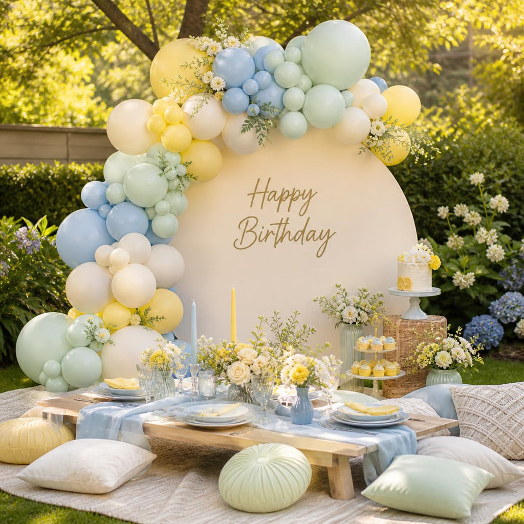 Saxuxu Pastel Green Blue Yellow Balloon Arch Kit – 129-Piece Macaron Texture Bee Theme Party Decorations