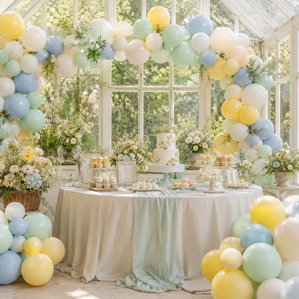 Saxuxu Pastel Green Blue Yellow Balloon Arch Kit – 129-Piece Macaron Texture Bee Theme Party Decorations