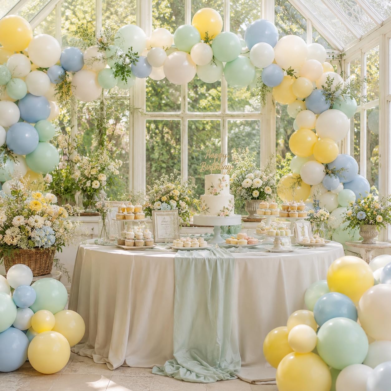 Saxuxu Pastel Green Blue Yellow Balloon Arch Kit – 129-Piece Macaron Texture Bee Theme Party Decorations