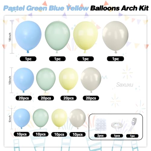 Saxuxu Pastel Green Blue Yellow Balloon Arch Kit – 129-Piece Macaron Texture Bee Theme Party Decorations