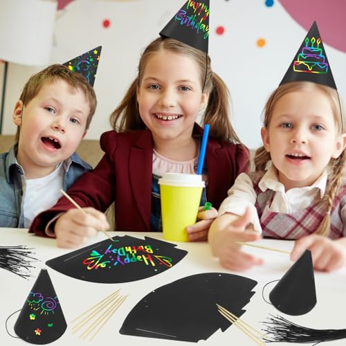 SAYAYA 72-Piece Rainbow Scratch Party Hats Bulk - DIY Birthday Cone Hats for Kids and Adults