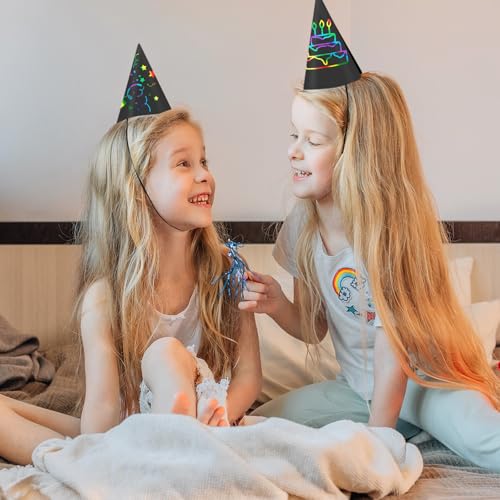 SAYAYA 72-Piece Rainbow Scratch Party Hats Bulk - DIY Birthday Cone Hats for Kids and Adults