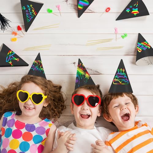 SAYAYA 72-Piece Rainbow Scratch Party Hats Bulk - DIY Birthday Cone Hats for Kids and Adults