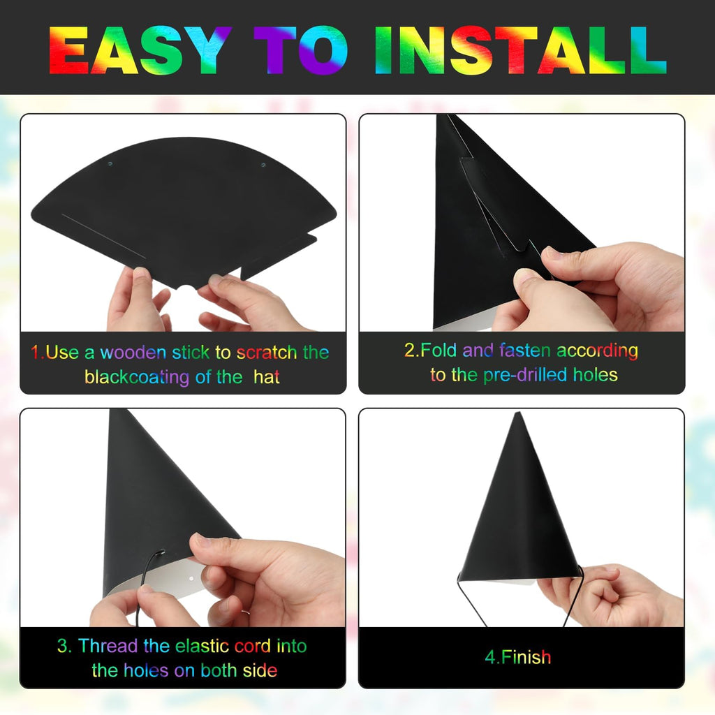 SAYAYA 72-Piece Rainbow Scratch Party Hats Bulk - DIY Birthday Cone Hats for Kids and Adults