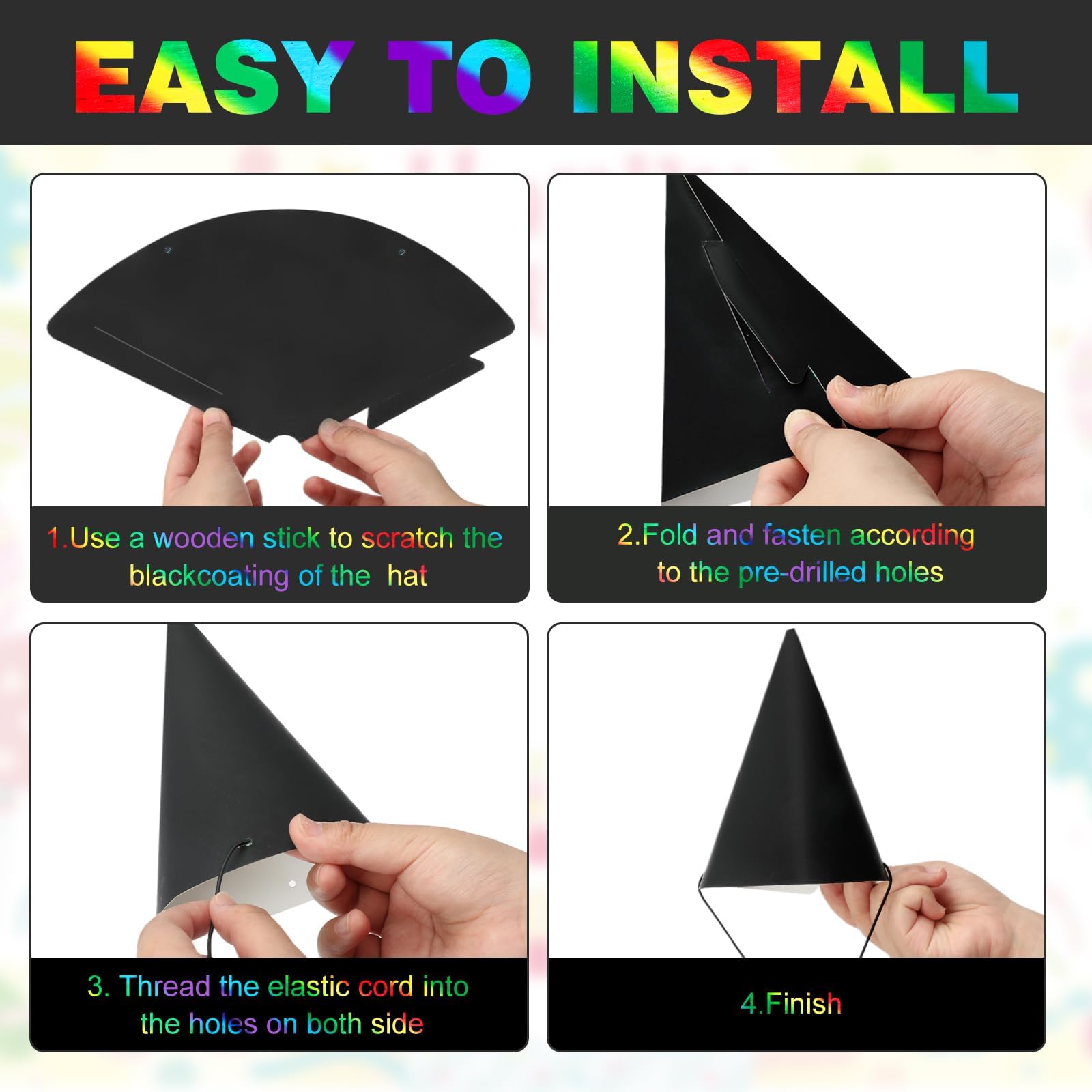SAYAYA 72-Piece Rainbow Scratch Party Hats Bulk - DIY Birthday Cone Hats for Kids and Adults