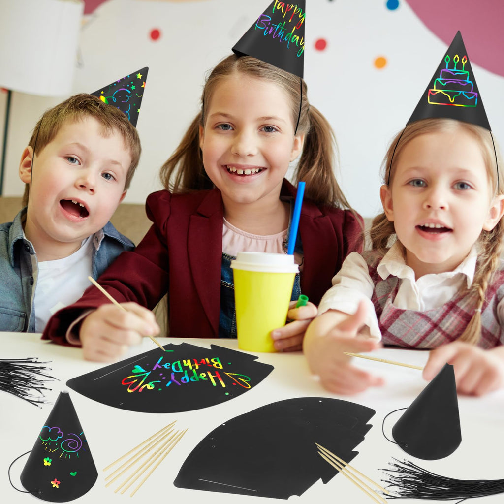 SAYAYA 72-Piece Rainbow Scratch Party Hats Bulk - DIY Birthday Cone Hats for Kids and Adults