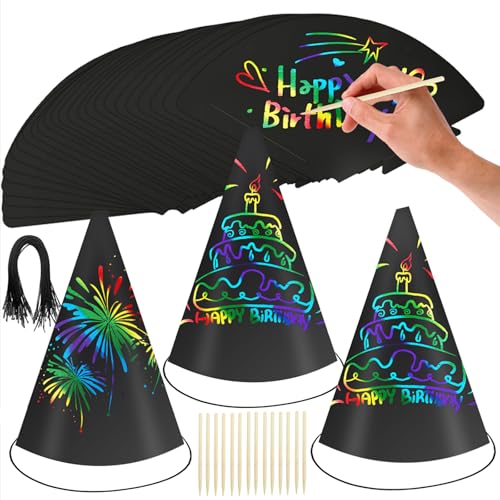 SAYAYA 72-Piece Rainbow Scratch Party Hats Bulk - DIY Birthday Cone Hats for Kids and Adults
