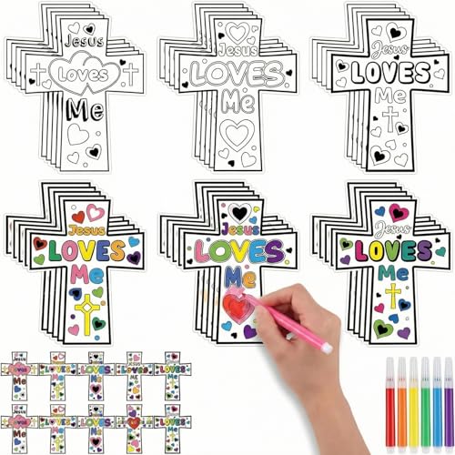 Saysurey Christian Cross Magnet Craft Kit for Kids - 30 DIY Color Your Own Jesus Loves Me Ornaments for Sunday School & VBS