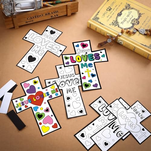 Saysurey Christian Cross Magnet Craft Kit for Kids - 30 DIY Color Your Own Jesus Loves Me Ornaments for Sunday School & VBS