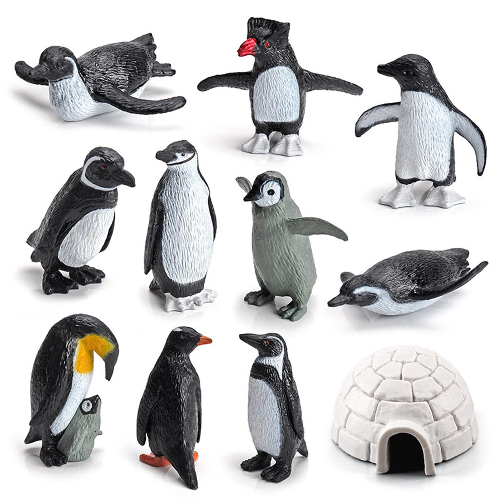 SCAHOW 11-Piece Penguin Figurines Set with Igloo – Realistic Plastic Arctic Animals for Kids, Cake Toppers, and Educational Play