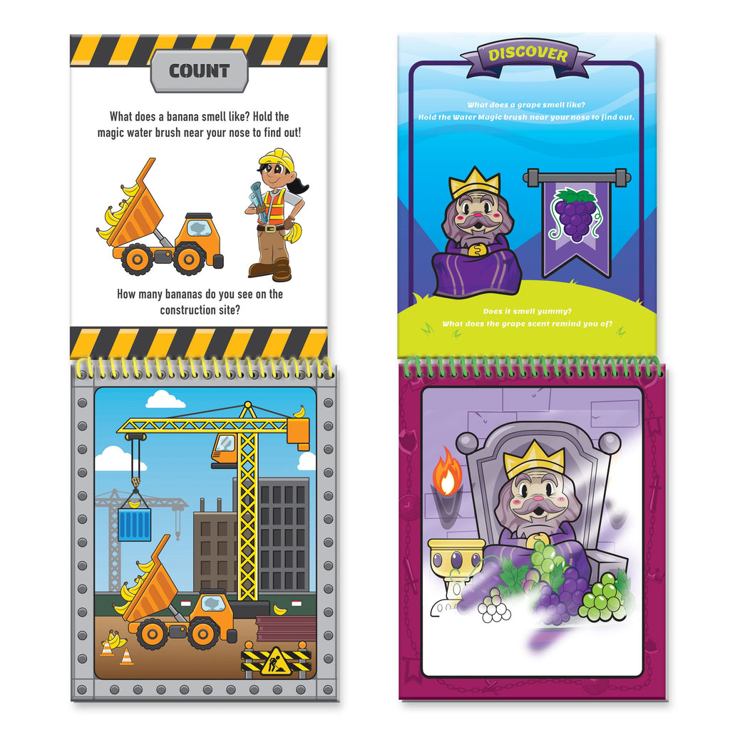 Scentco Water Magic Activity Books – Reusable Water Reveal with Scented Pens (Grape Kingdom & Construction)