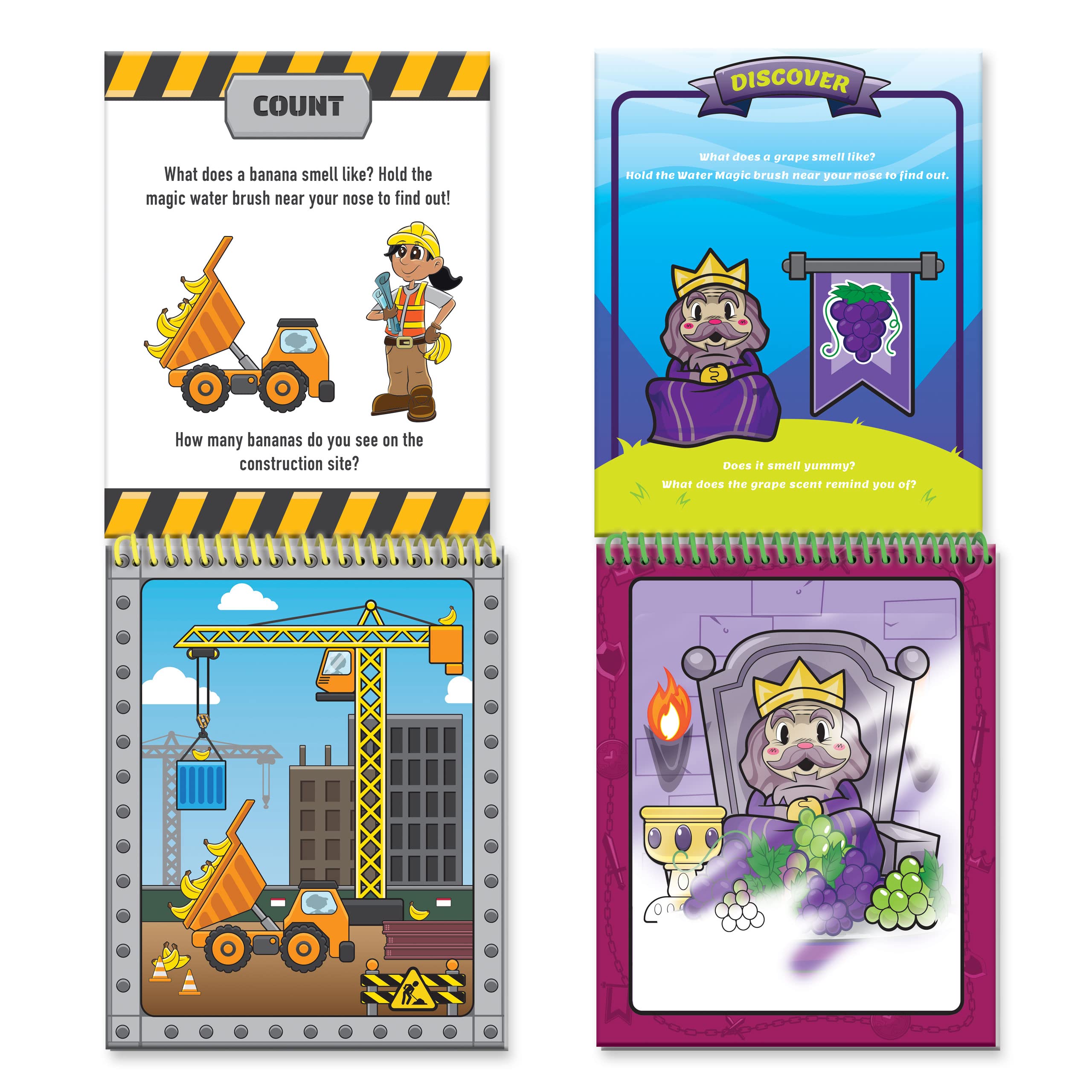 Scentco Water Magic Activity Books – Reusable Water Reveal with Scented Pens (Grape Kingdom & Construction)