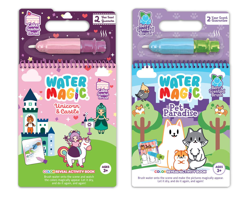 Scentco Water Magic Reusable Activity Books – Unicorn & Castle and Pet Paradise – No-Mess Scented Water Reveal Coloring