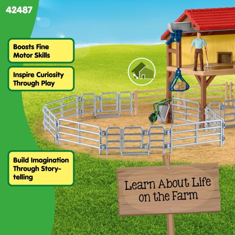 Schleich Farm World Corral Fence with Gate – 6-Piece Farm Animal Playset Accessory