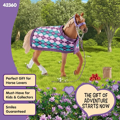 Schleich Horse Club English Thoroughbred 5-Piece Set – Realistic Horse Figurine with Blanket, Apples, Bucket & Halter Lead for Ages 5+