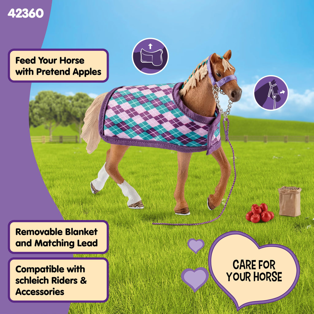 Schleich Horse Club English Thoroughbred 5-Piece Set – Realistic Horse Figurine with Blanket, Apples, Bucket & Halter Lead for Ages 5+