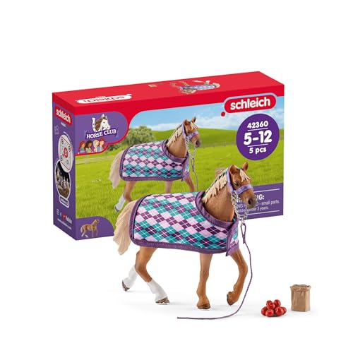 Schleich Horse Club English Thoroughbred 5-Piece Set – Realistic Horse Figurine with Blanket, Apples, Bucket & Halter Lead for Ages 5+