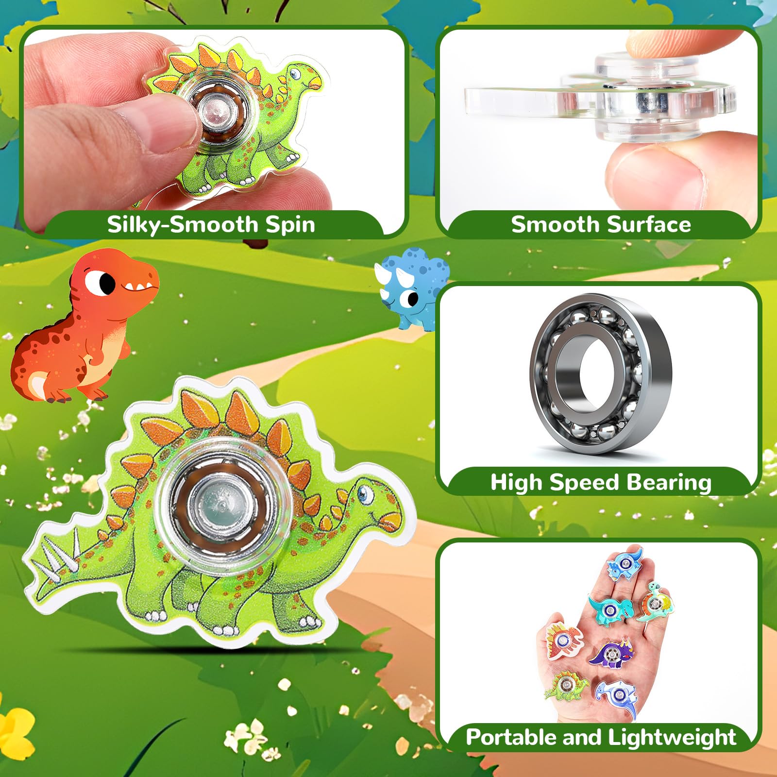 SCIONE 24 Dinosaur Fidget Spinners – Mini Party Favors for Kids, Classroom Prizes, and Goodie Bag Stuffers