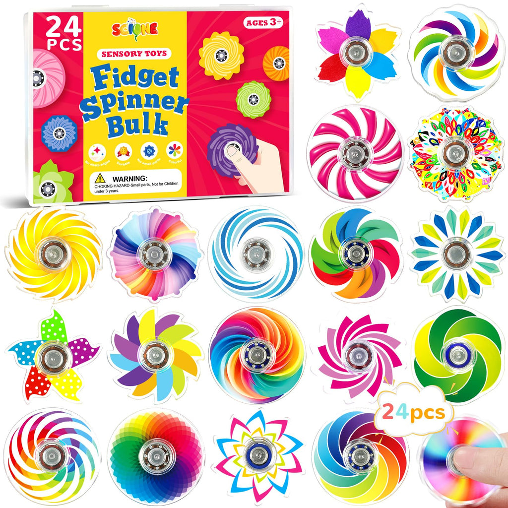 SCIONE 24-Pack Mini Fidget Spinner Toys - Rainbow Party Favors for Kids, Goodie Bag Stuffers, Classroom Prizes