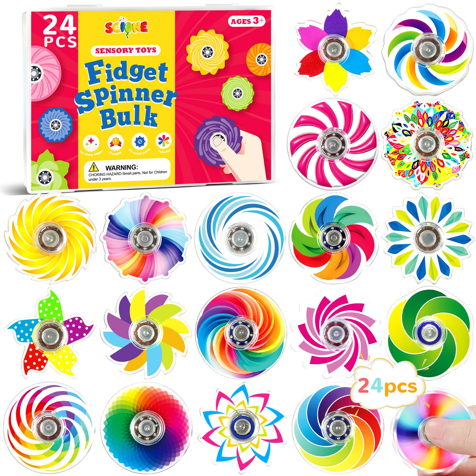 SCIONE 24-Pack Mini Fidget Spinner Toys - Rainbow Party Favors for Kids, Goodie Bag Stuffers, Classroom Prizes