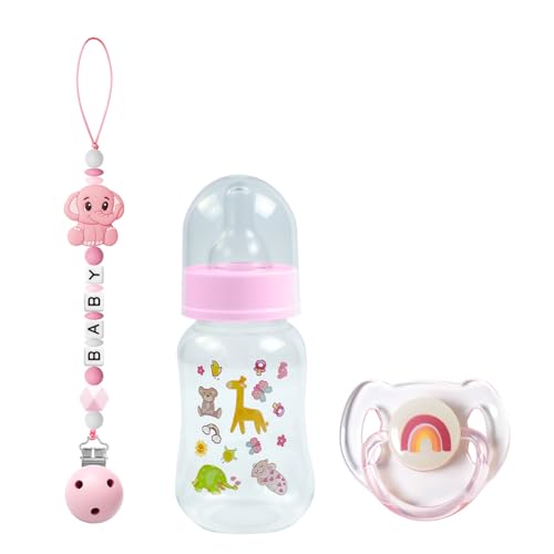 SCOM 3-Piece Reborn Baby Doll Accessories Set - Pink Magnetic Pacifier, Bottle & Silicone Clip for 14-22 Inch Dolls
