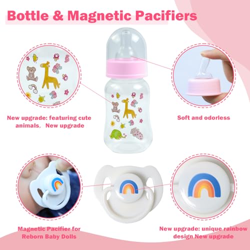 SCOM Reborn Doll Accessories Set – Rainbow Magnetic Pacifier, Baby Bottle & Silicone Clip for 14-22 Inch Dolls, Pink Style, 3 Pieces