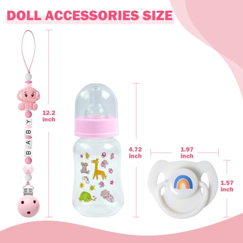 SCOM Reborn Doll Accessories Set – Rainbow Magnetic Pacifier, Baby Bottle & Silicone Clip for 14-22 Inch Dolls, Pink Style, 3 Pieces