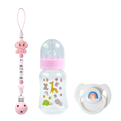SCOM Reborn Doll Accessories Set – Rainbow Magnetic Pacifier, Baby Bottle & Silicone Clip for 14-22 Inch Dolls, Pink Style, 3 Pieces
