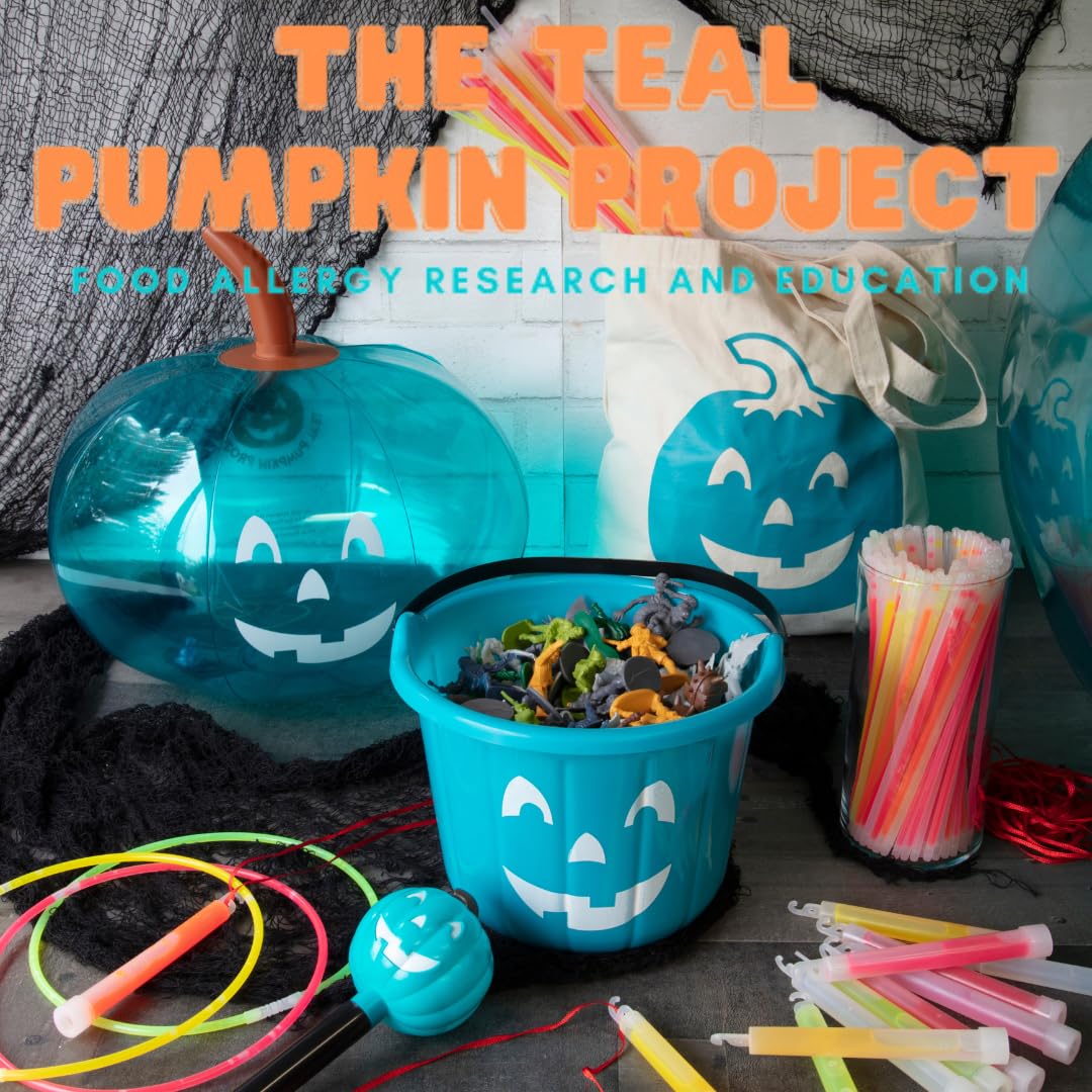 SCS Direct Official Teal Pumpkin Project Trick or Treat Bucket – 8.5 in Plastic Pail with Lid and Handle for Allergy-Friendly Non-Candy Treats (1 Pack)