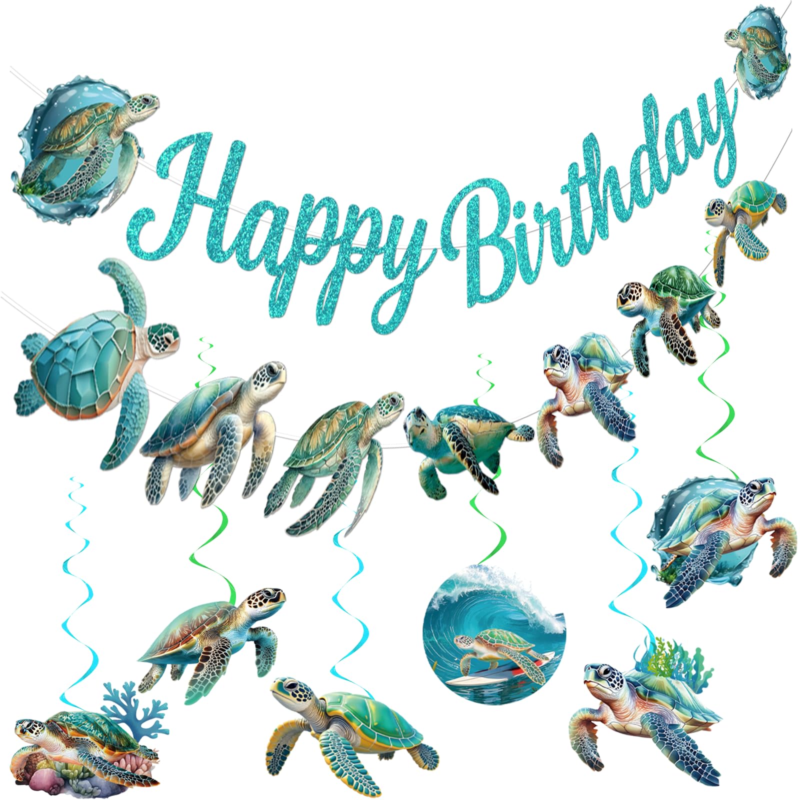 Sea Turtle Birthday Banner with Garland and Swirls – Ocean Themed Party Decorations Set by Yavxzvbw
