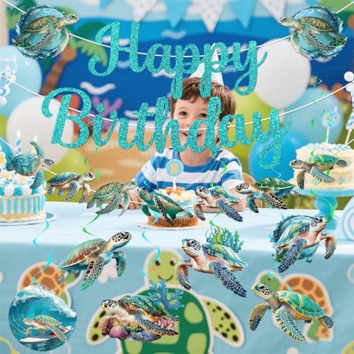 Sea Turtle Birthday Banner with Garland and Swirls – Ocean Themed Party Decorations Set by Yavxzvbw