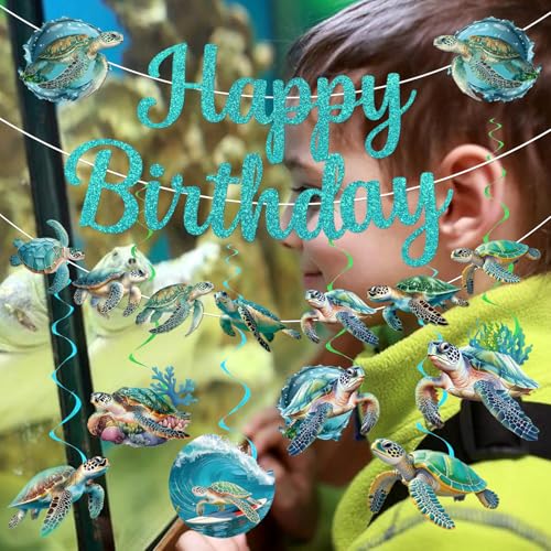 Sea Turtle Birthday Banner with Garland and Swirls – Ocean Themed Party Decorations Set by Yavxzvbw