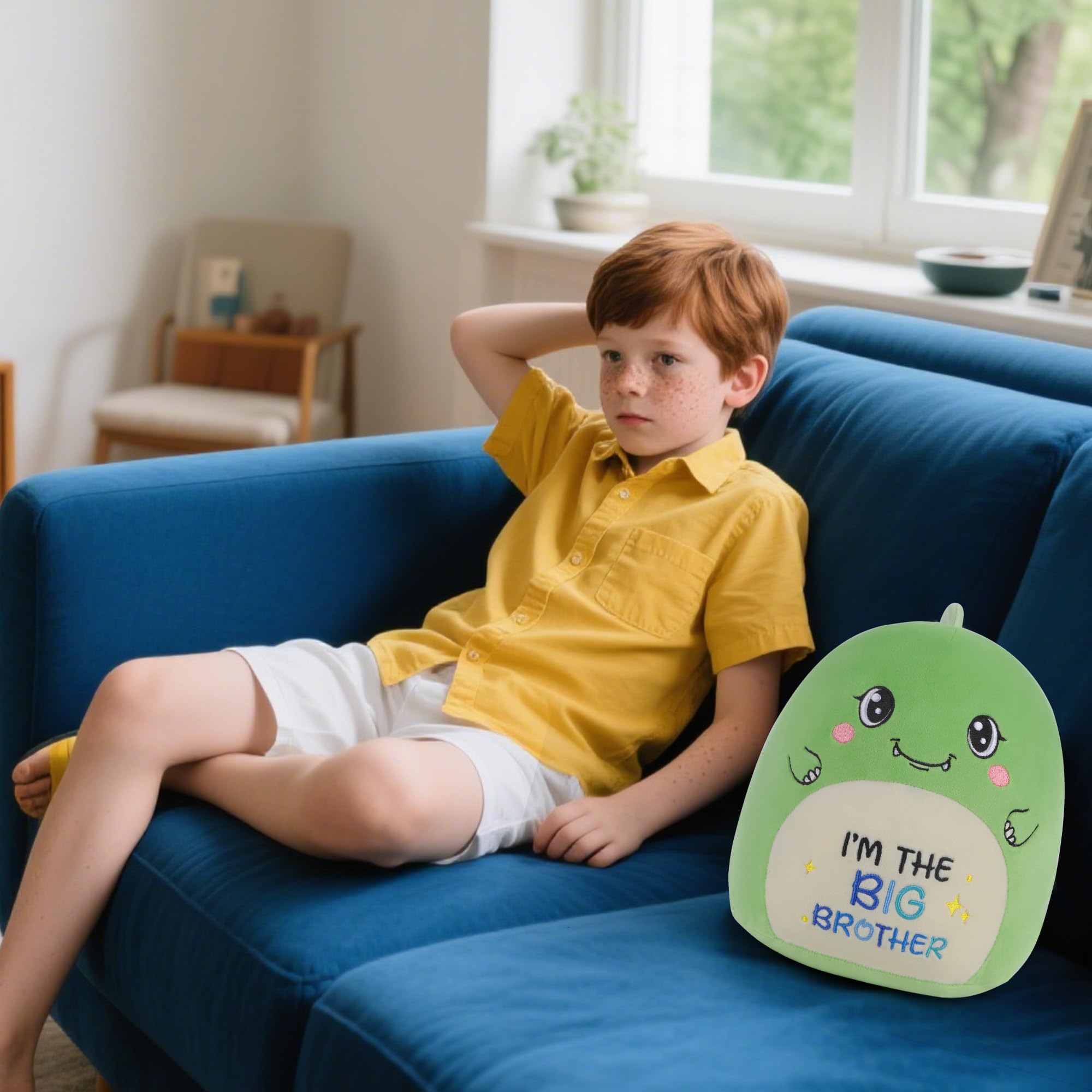 SEAOPOP Big Brother Dinosaur Plush – 8-Inch Green Oval Stuffed Toy for New Sibling Gift