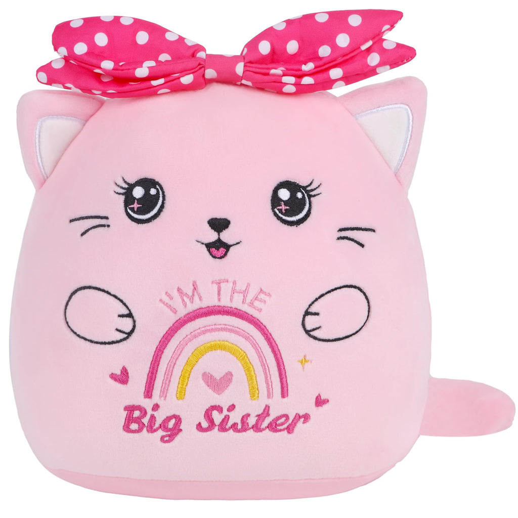 SEAOPOP Big Sister Plush Cat – 8-Inch Pink Stuffed Animal with Rainbow Heart and Bow, Gift for New Sibling Announcement