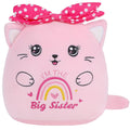 SEAOPOP Big Sister Plush Cat – 8-Inch Pink Stuffed Animal with Rainbow Heart and Bow, Gift for New Sibling Announcement