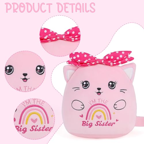 SEAOPOP Big Sister Plush Cat – 8-Inch Pink Stuffed Animal with Rainbow Heart and Bow, Gift for New Sibling Announcement