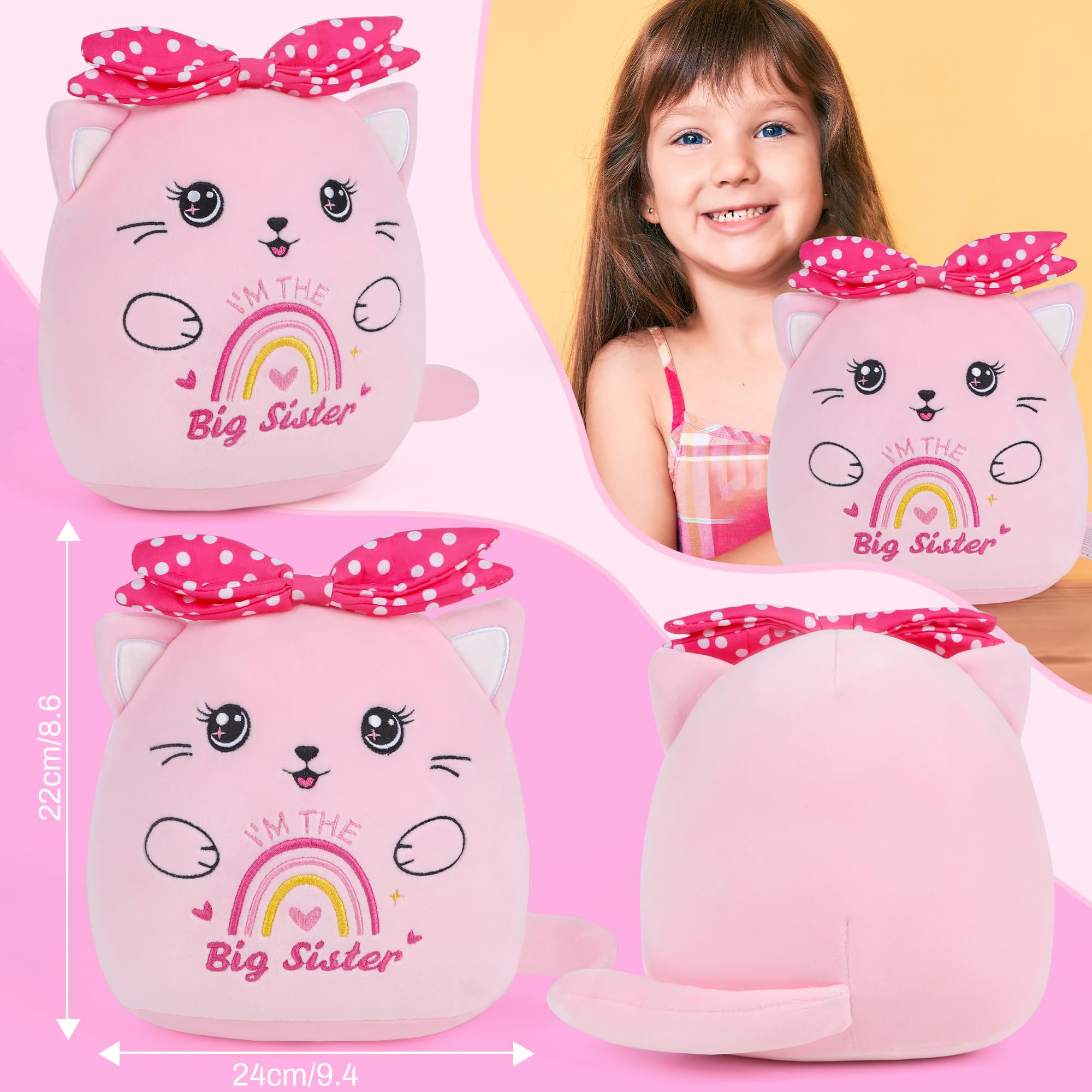 SEAOPOP Big Sister Plush Cat – 8-Inch Pink Stuffed Animal with Rainbow Heart and Bow, Gift for New Sibling Announcement