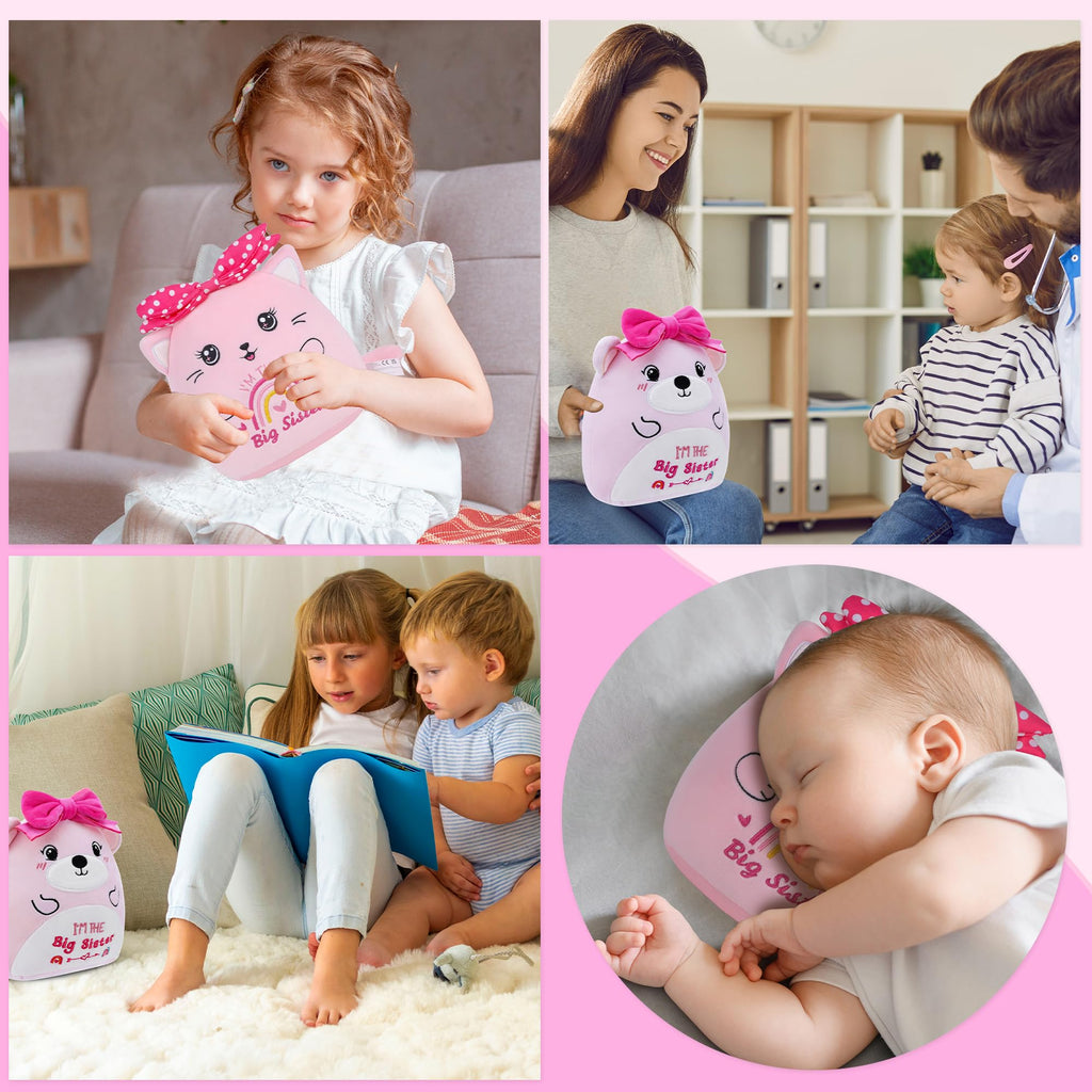 SEAOPOP Big Sister Plush Cat – 8-Inch Pink Stuffed Animal with Rainbow Heart and Bow, Gift for New Sibling Announcement