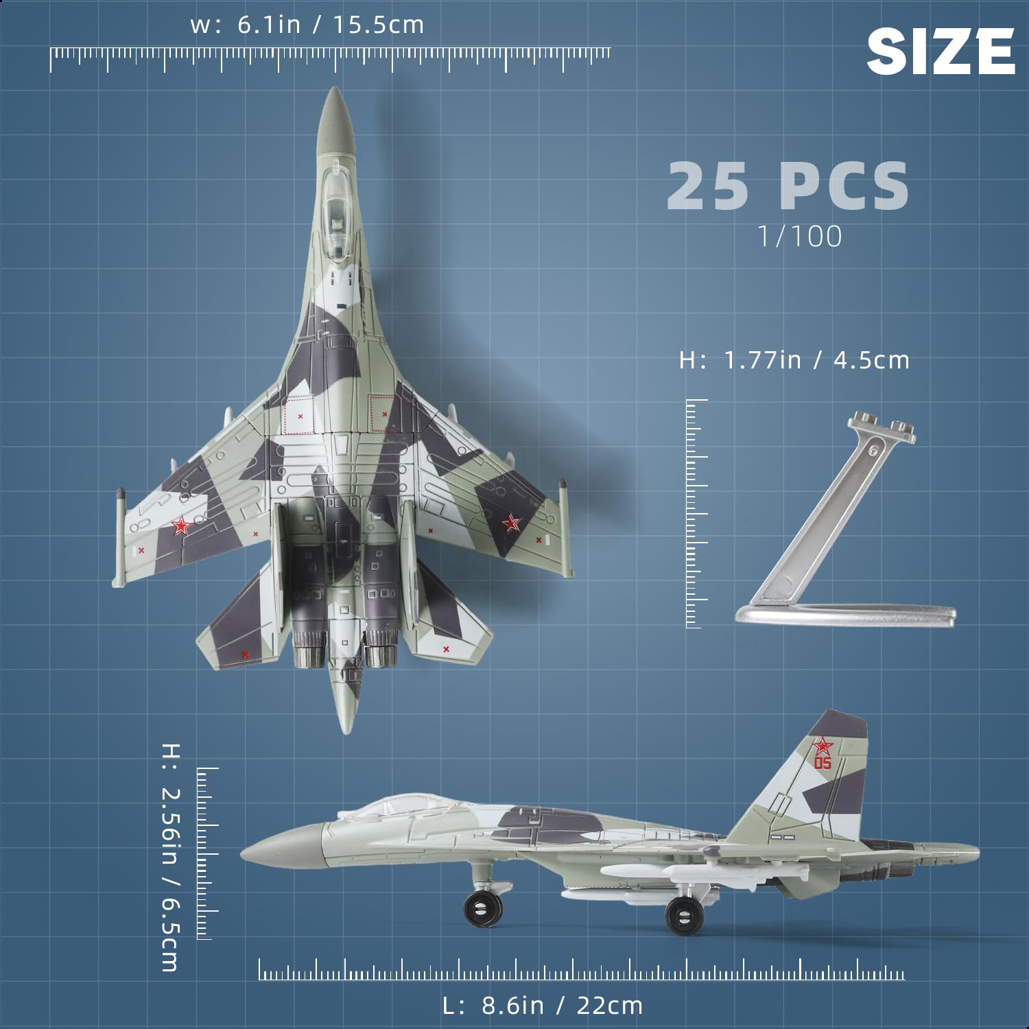 SEBUNAS 1:100 Scale SU-35 Fighter Jet Model Kit - 25 Piece Quick Build Assembly with Display Stand