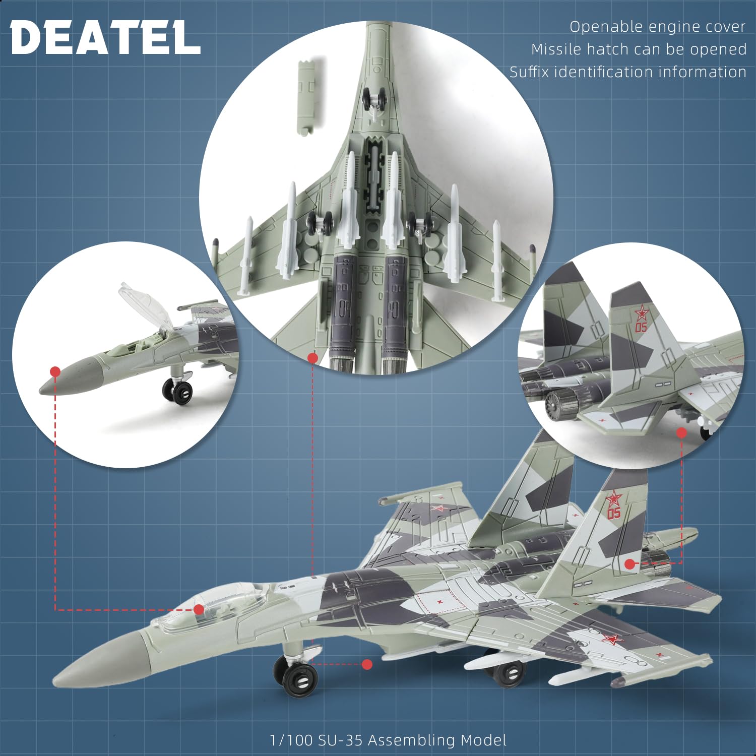 SEBUNAS 1:100 Scale SU-35 Fighter Jet Model Kit - 25 Piece Quick Build Assembly with Display Stand