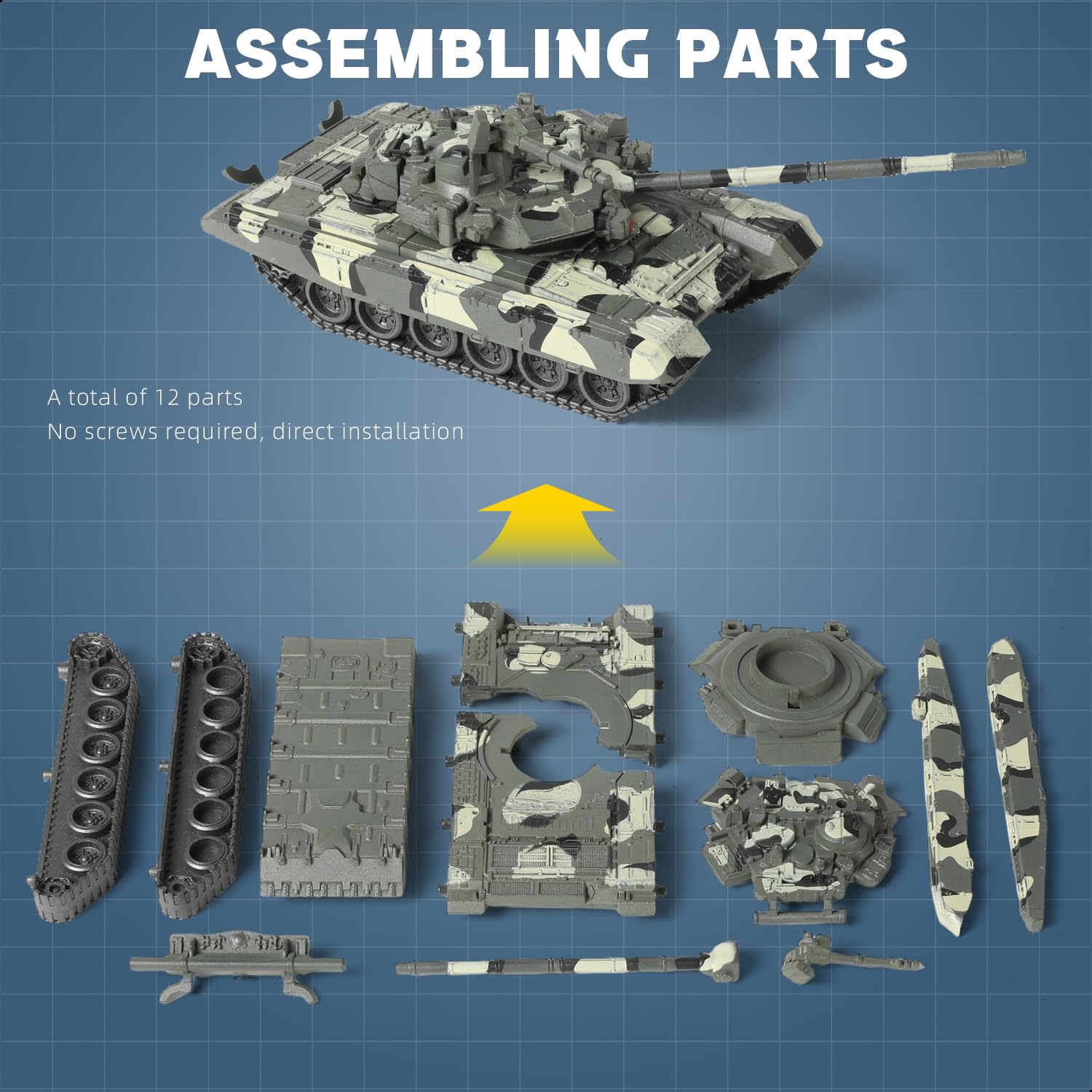 SEBUNAS 1/48 Scale T-90 Main Battle Tank Model Kit - 12 Pieces, Quick Build, Movable Turret, Gift for Adults and Kids
