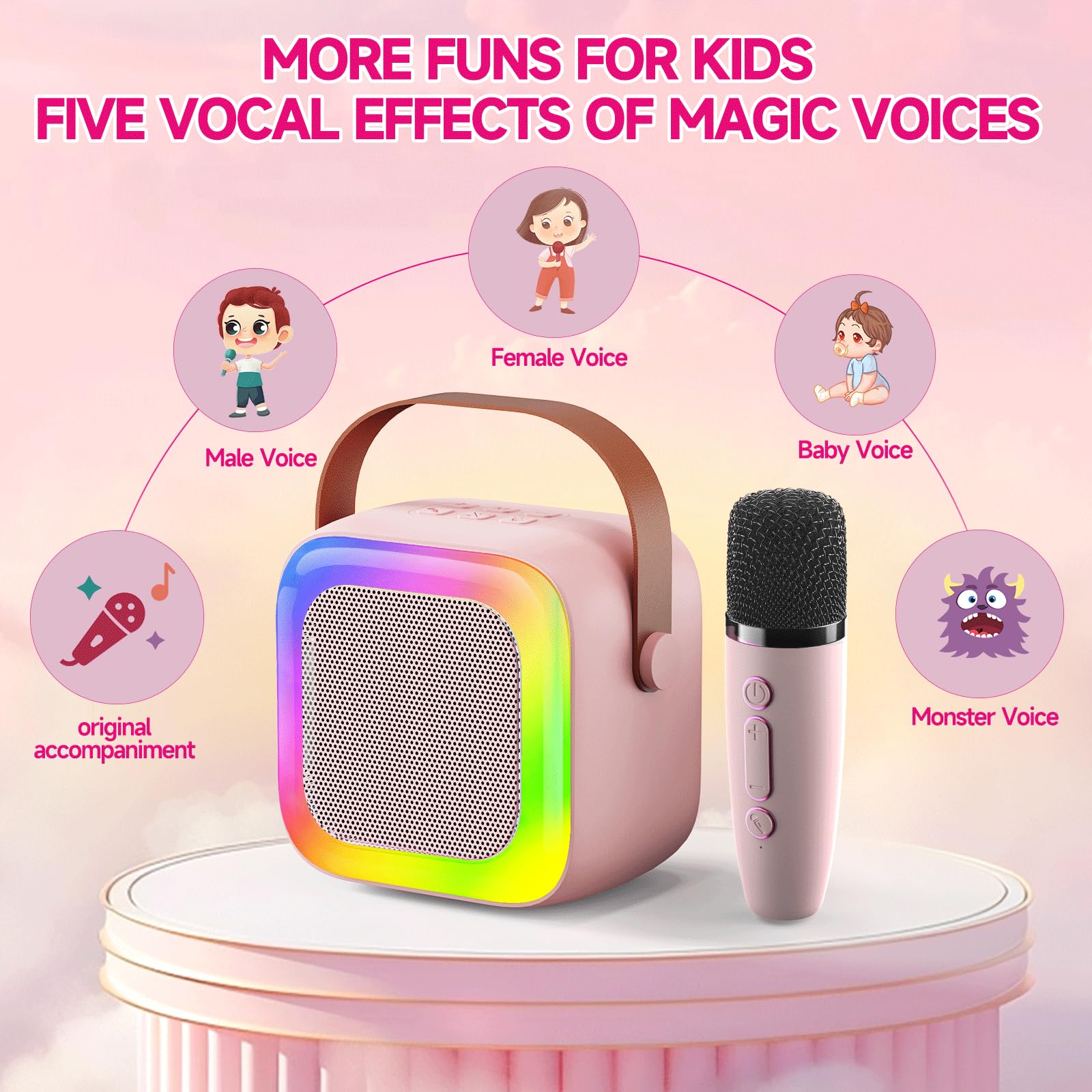 SECULEAD Kids Karaoke Machine - Portable Bluetooth 5.3 Speaker with Built-in Microphone, Pink, for Ages 3-5