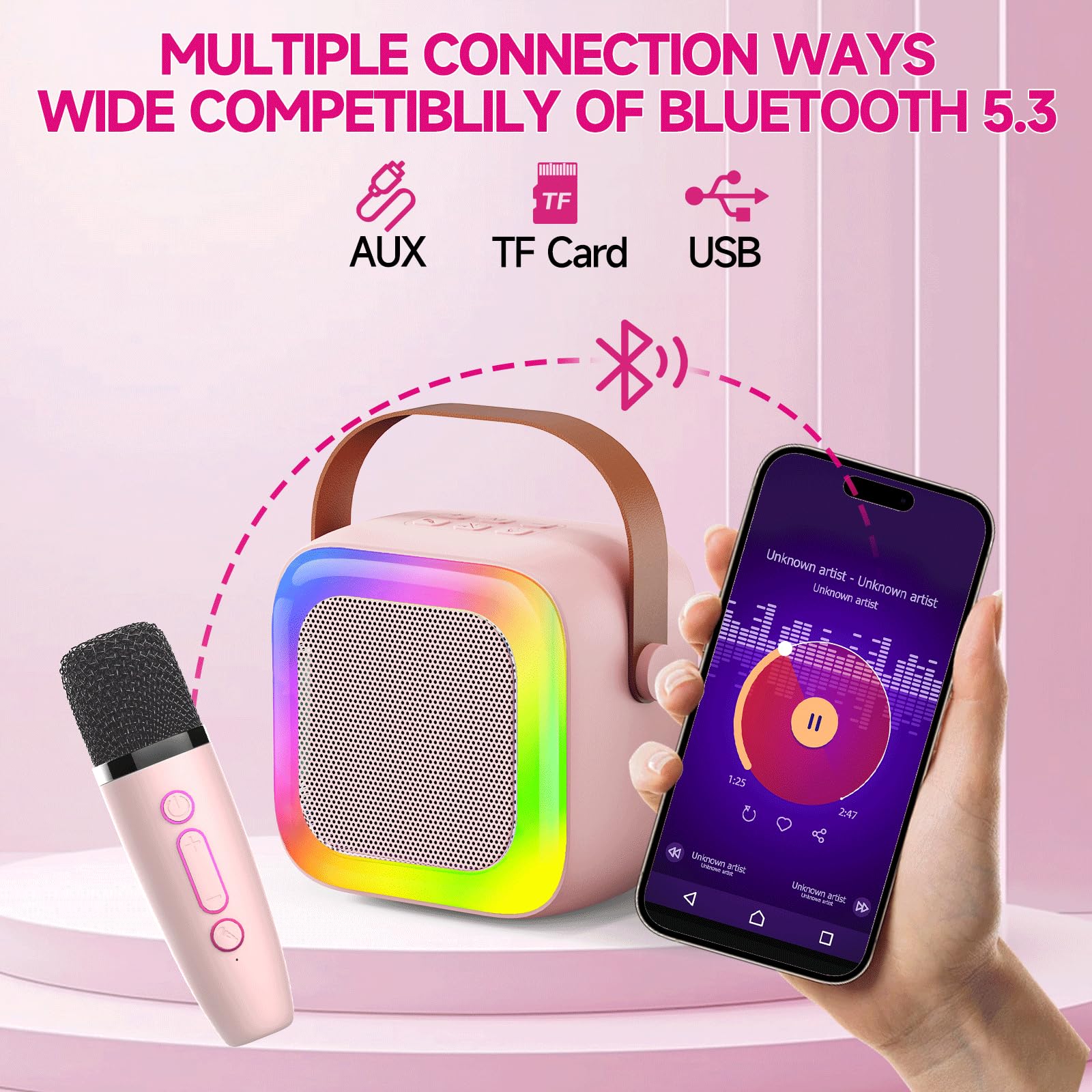 SECULEAD Kids Karaoke Machine - Portable Bluetooth 5.3 Speaker with Built-in Microphone, Pink, for Ages 3-5