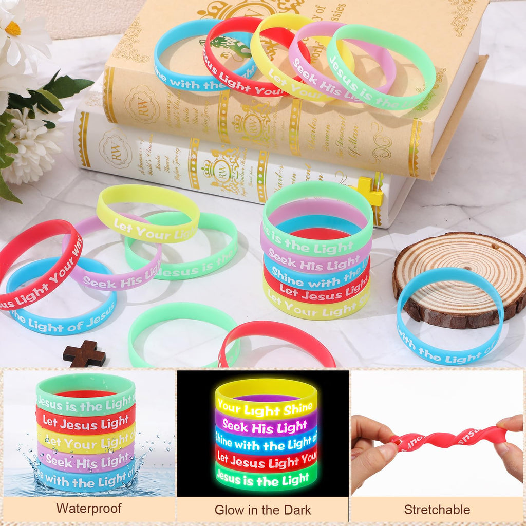 Seematn 50 Pack Glow in the Dark Bible Verse Bracelets - VBS 2026 Religious Silicone Wristbands with 5 Scripture Themes, Colorful, for Adults & Teens