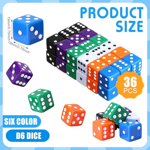 Seenelling 36-Piece 19mm Acrylic D6 Dice Set – 6 Colors for Board Games & Casino Nights
