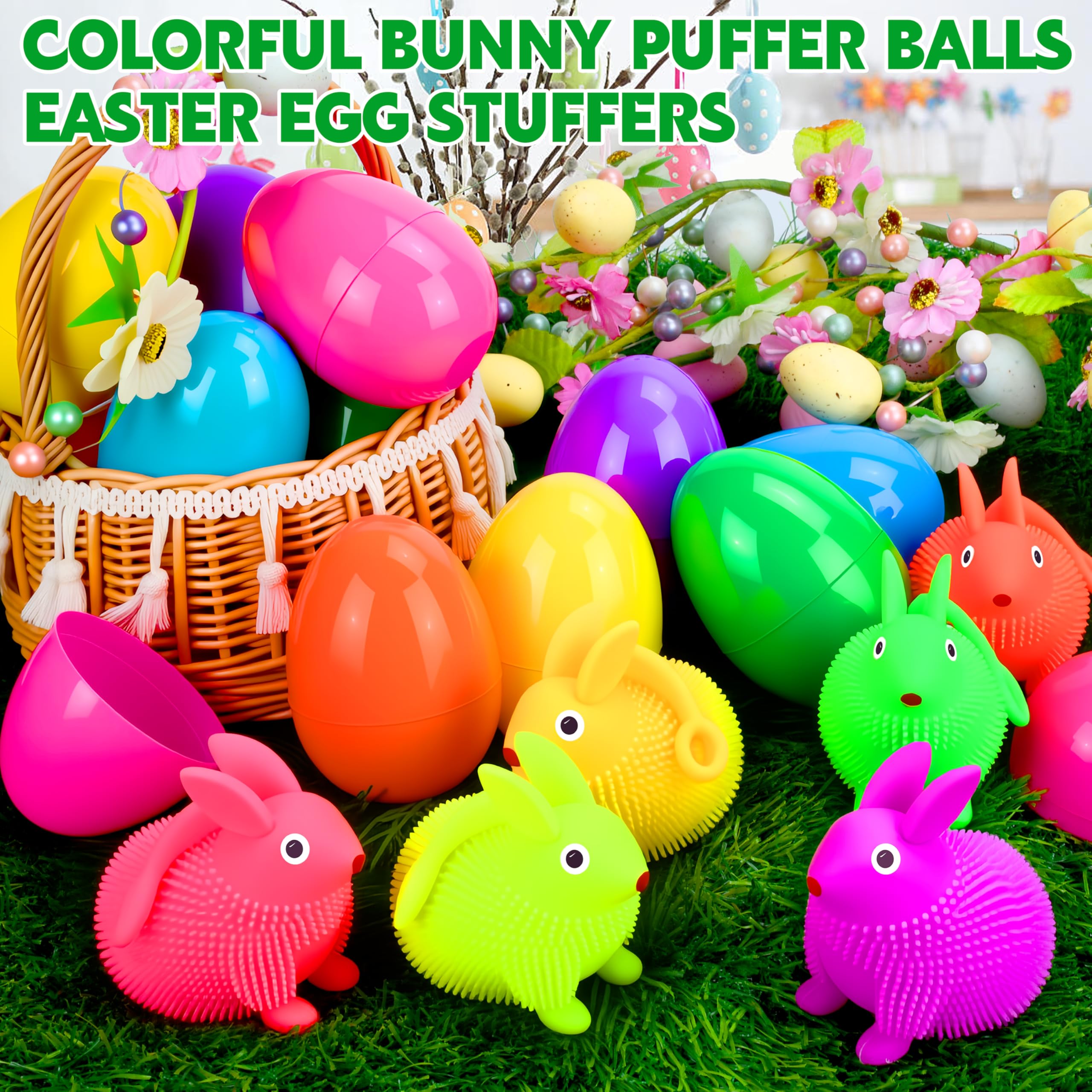 Seifar 12 Pack Easter Eggs with LED Bunny Puffer Balls – Filled Plastic Eggs for Egg Hunts, Basket Stuffers, and Stress Relief Fidget Toys