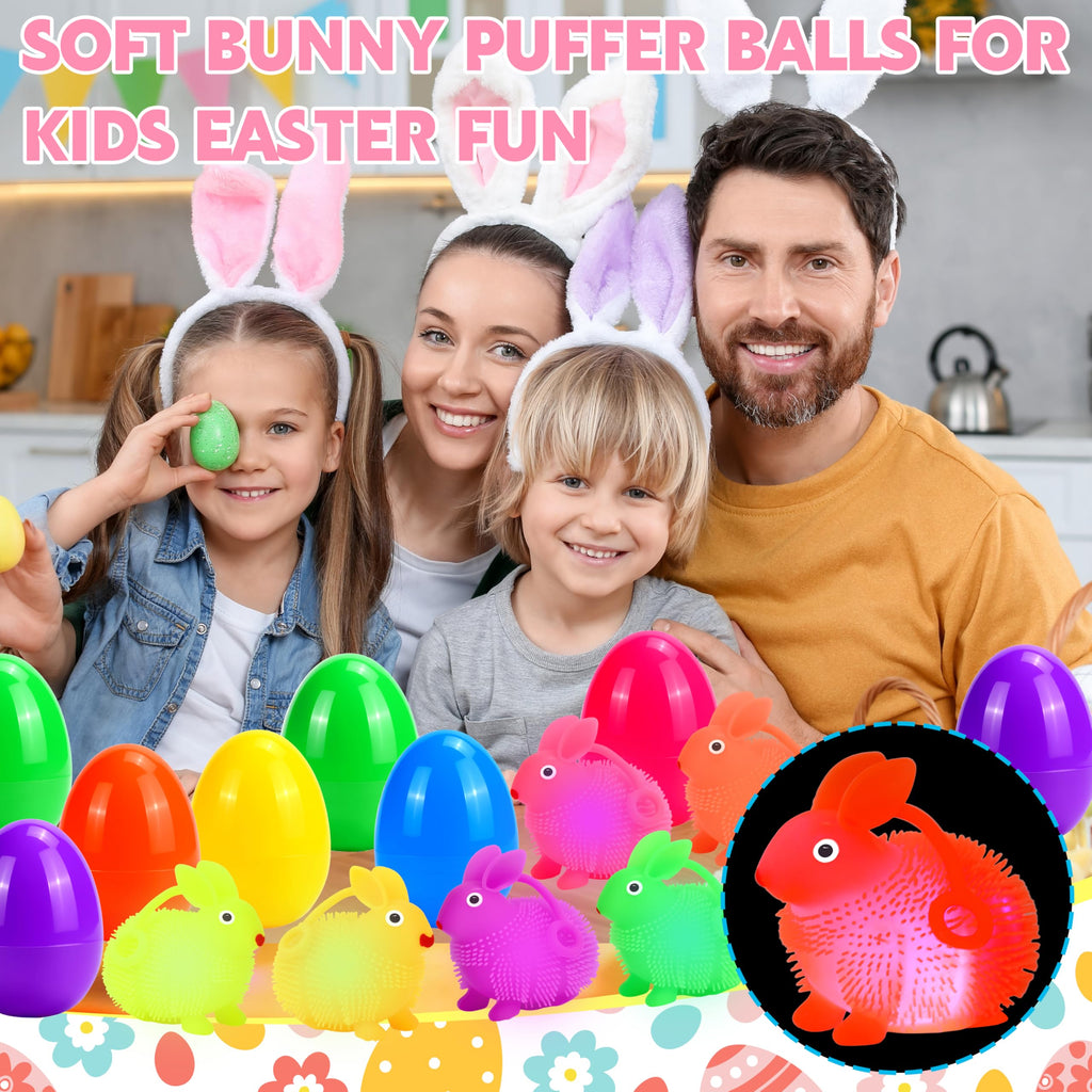Seifar 12 Pack Easter Eggs with LED Bunny Puffer Balls – Filled Plastic Eggs for Egg Hunts, Basket Stuffers, and Stress Relief Fidget Toys
