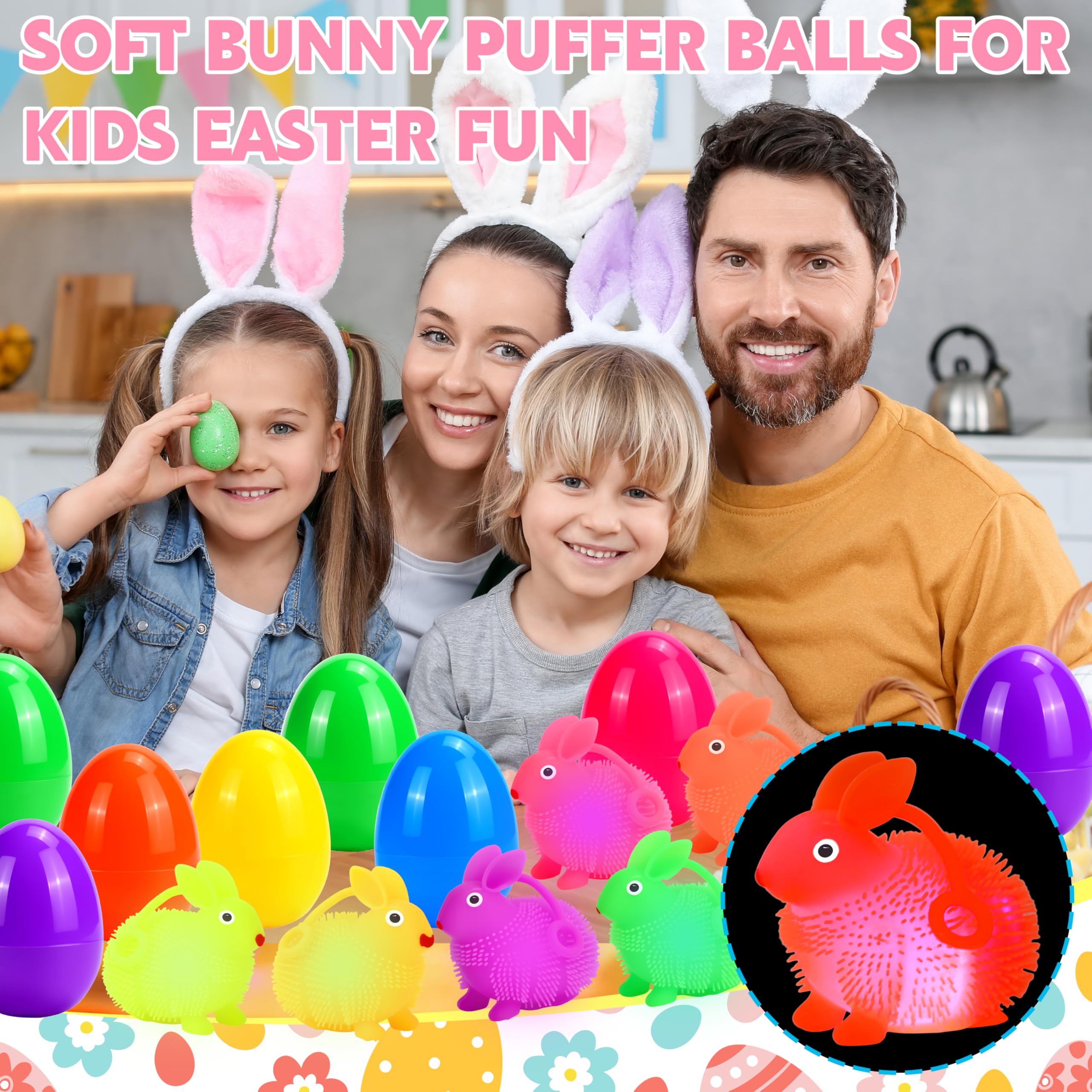 Seifar 12 Pack Easter Eggs with LED Bunny Puffer Balls – Filled Plastic Eggs for Egg Hunts, Basket Stuffers, and Stress Relief Fidget Toys